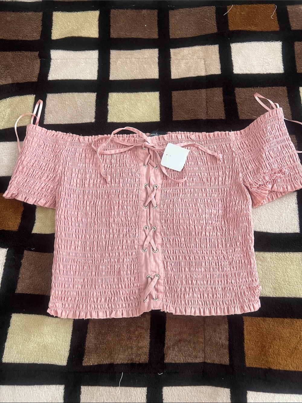 Pink Off-Shoulder Lace-Up Smocked Crop Top